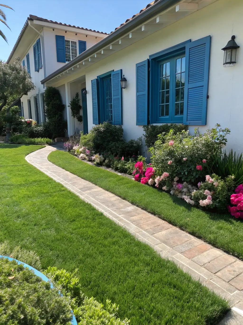 A clean, freshly washed house exterior with a bright driveway and a well-maintained deck, showcasing residential power washing services.