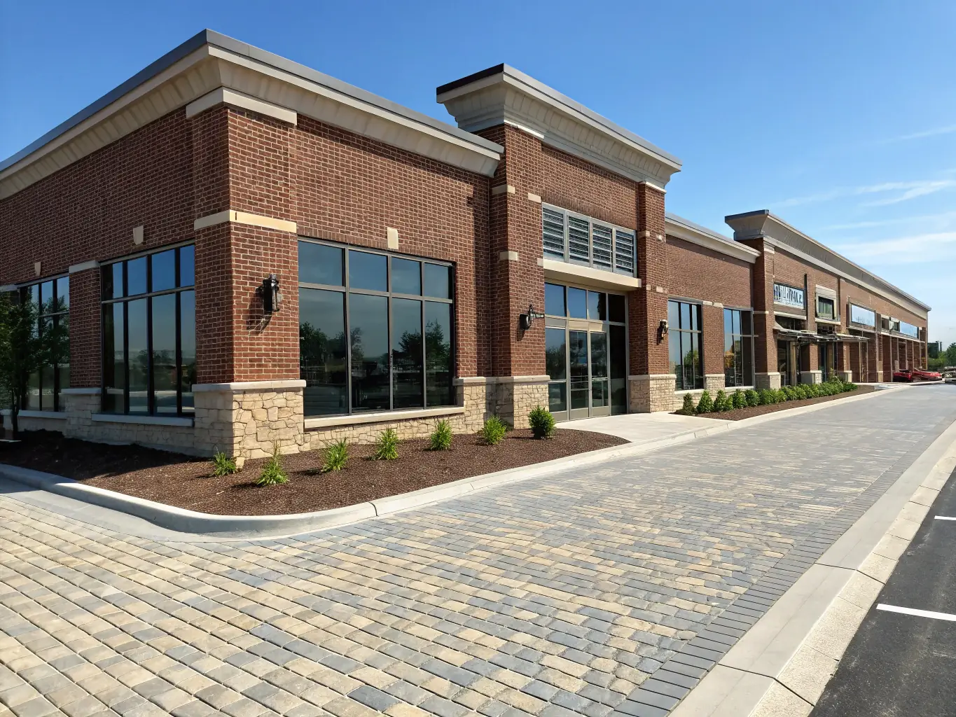 A commercial building with a clean storefront after power washing, highlighting the professional appearance.