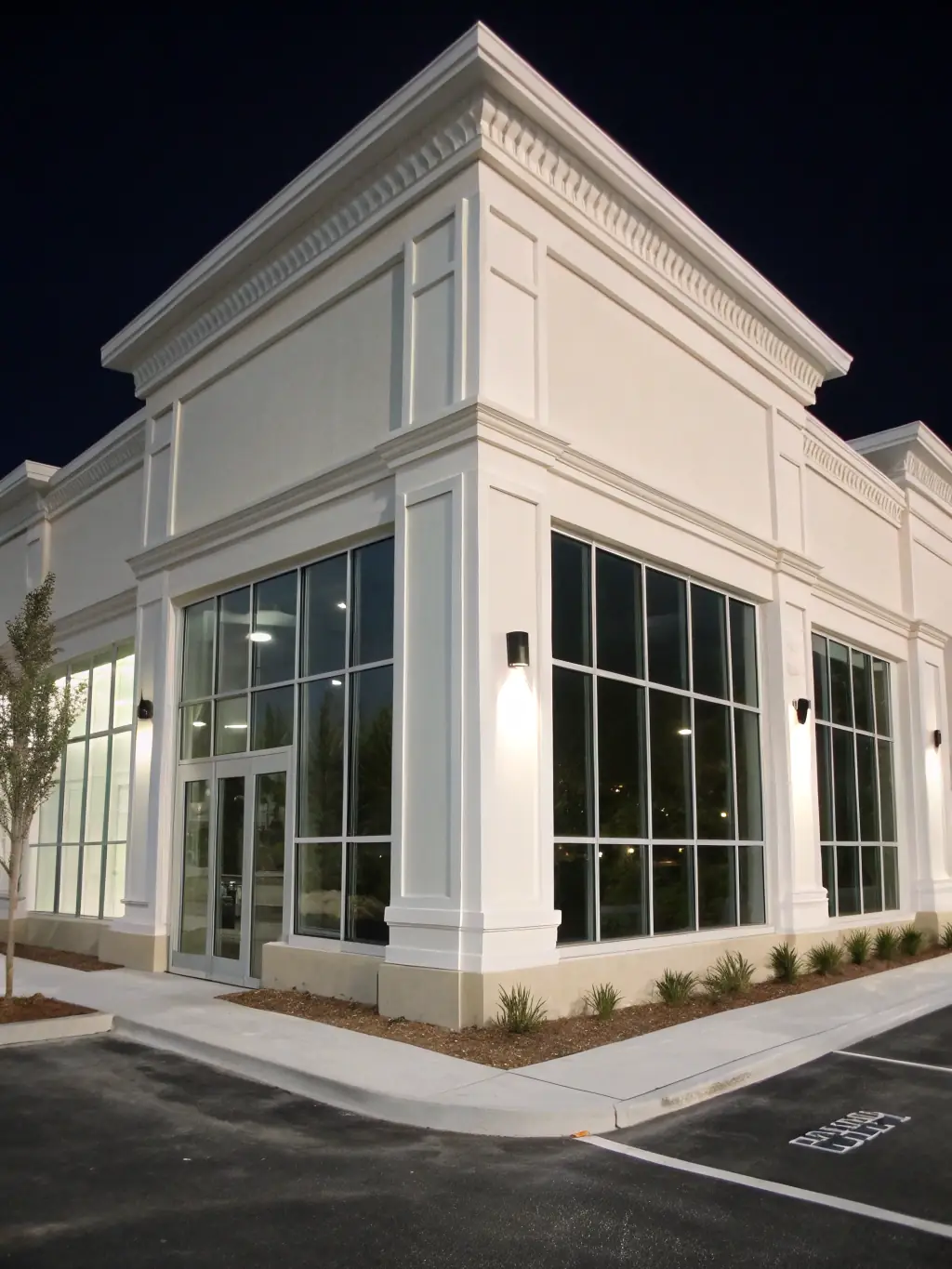 A commercial building with a spotless facade and a clean parking lot, demonstrating commercial power washing services.